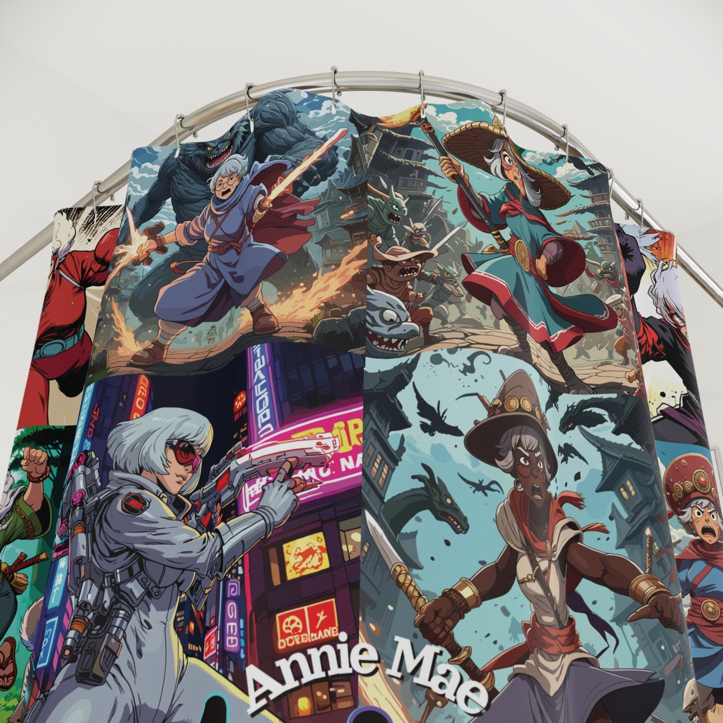 Annie Mae Anime Shower Curtain – Superhero Granny Style